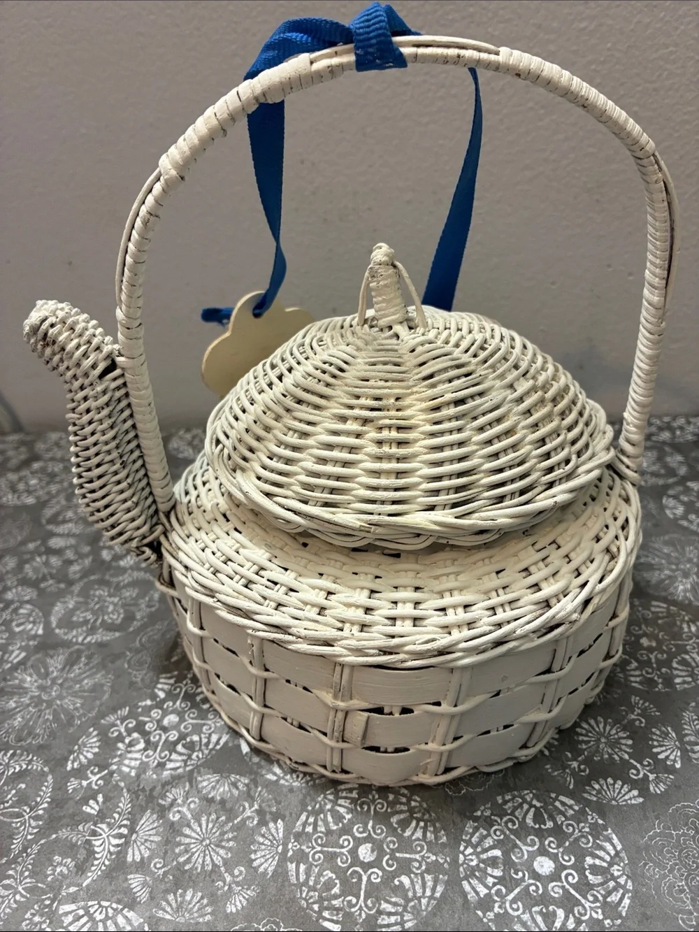 White Wicker Teapot Basket with Blue Ribbon Accents